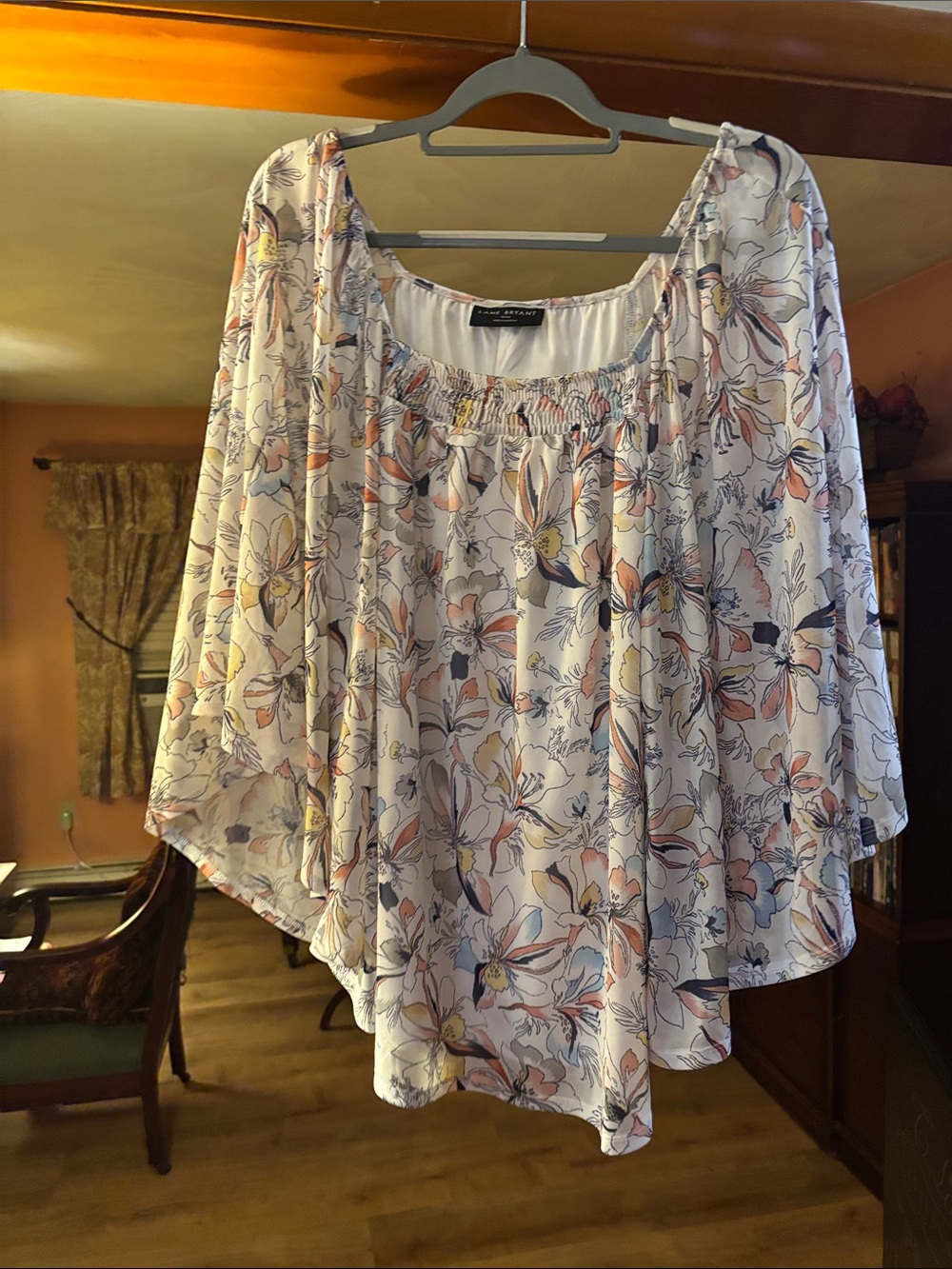Lane Bryant White Floral Peasant Blouse with Peach and Blue Accents